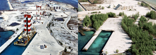 Installations du Centre d'expérimentation du Pacifique en 1987 puis en 1998, après démantèlement (CEA)